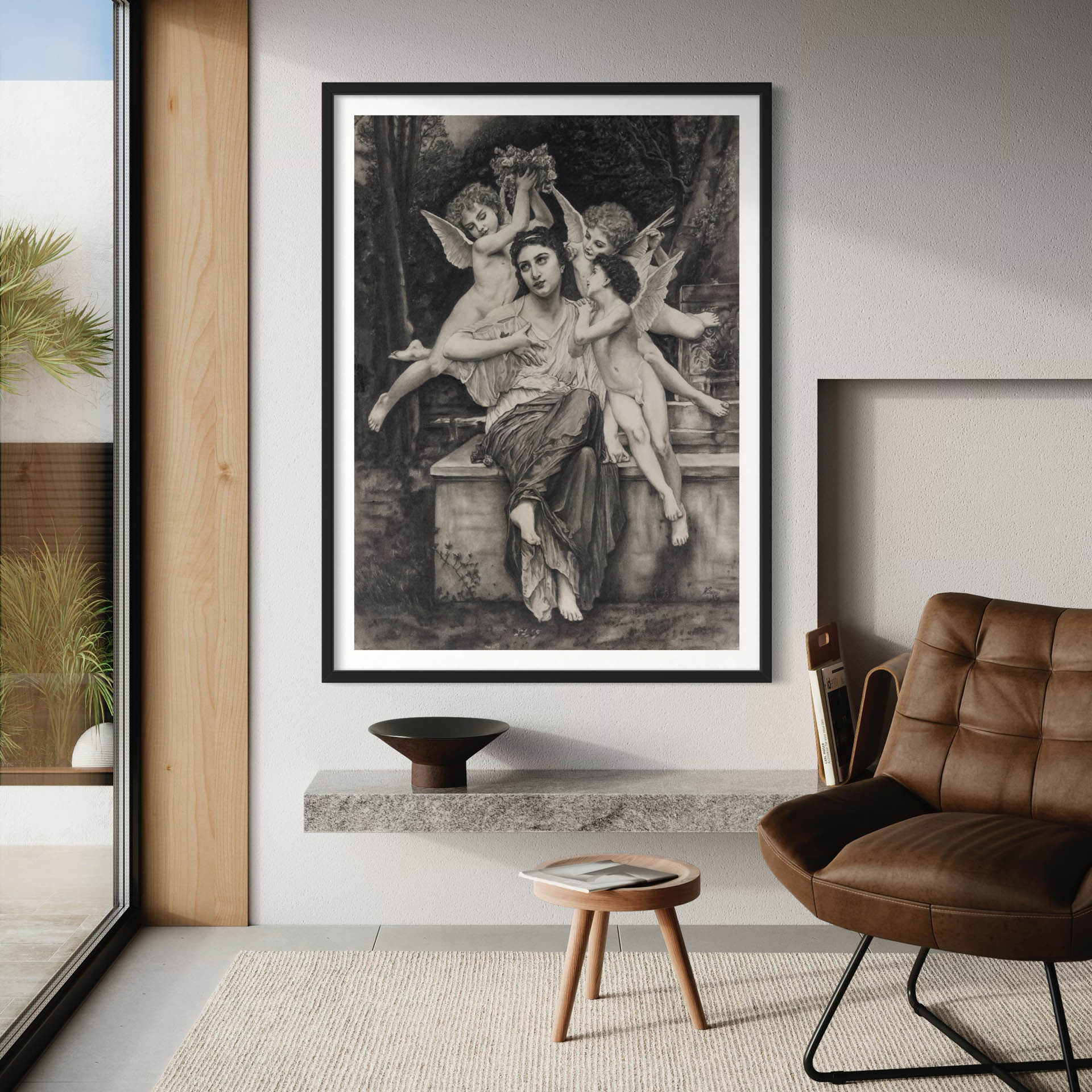 El print de Sueño de Primavera enmarcado en negro con paspartú blanco, colgado sobre una pared clara junto a un ventanal.