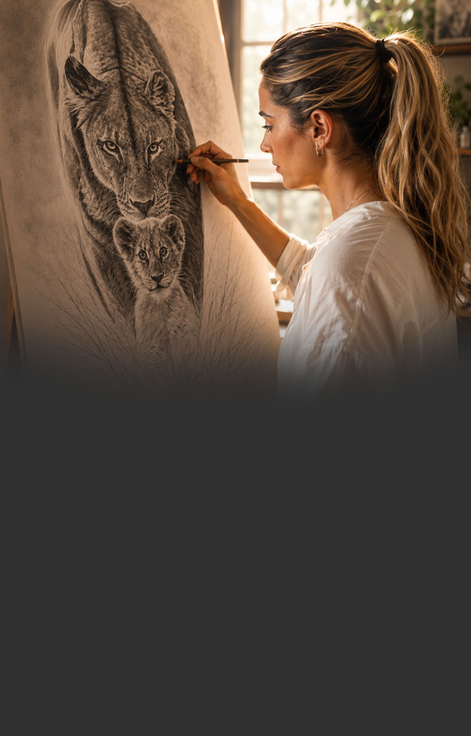 Mariela Crapuzzi en su estudio, trabajando a carboncillo el retrato de una leona con su cría sobre un caballete junto a la ventana.